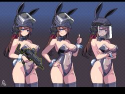  animal_ears blue_eyes blush breasts brown_hair combat_helmet commission crossed_arms detached_collar e79 gun h&amp;k_mp7 hair_ribbon helmet large_breasts leotard looking_at_viewer meme_attire one_eye_closed original pixel_art playboy_bunny ponytail rabbit_ears rabbit_tail ribbon see-through submachine_gun tail termichan_(not-a-bot) thighhighs thumbs_up translucent_bunnysuit weapon wrist_cuffs 