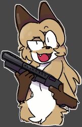  anthro averi_(fiddleafox) brown_body brown_fur canid canine fangs female female_anthro fox fur gloves_(marking) gun hair leg_markings looking_at_viewer mammal markings mdctoby12 open_mouth ranged_weapon red_fox shotgun smug solo teeth true_fox weapon white_body white_fur 