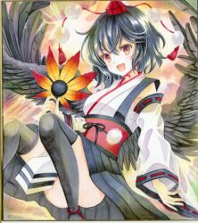  :d bird_wings black_hair black_kimono black_thighhighs black_wings chest_sarashi commentary_request convenient_leg detached_sleeves feathered_wings female hajike_akira hand_fan happy hat hauchiwa highres holding holding_fan japanese_clothes kimono kourindou_tengu_costume long_sleeves looking_at_viewer open_mouth pelvic_curtain pom_pom_(clothes) red_eyes red_hat red_sash ribbon-trimmed_sleeves ribbon_trim sarashi sash shameimaru_aya smile solo tassel thighhighs tokin_hat touhou traditional_media white_kimono white_sleeves wide_sleeves wings 