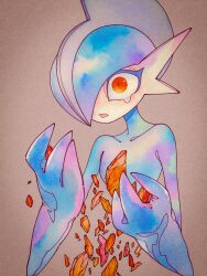  1other alternate_color arm_blade blue_hair blue_skin broken_horn brown_background colored_skin commentary crying crying_with_eyes_open facing_to_the_side gallade glass_shard glass_shards hands_up highres holding_glass_shard horns injury looking_ahead mohawk multicolored_skin open_mouth pastel_colors pokemon pokemon_(creature) pokemon_focus red_eyes shards shiny_pokemon tearing_up tears two-tone_skin umi-be-to upper_body weapon white_skin 