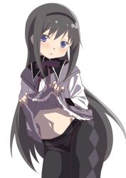  akemi_homura akemi_homura_(magical_girl) black_hair black_hairband blush clothes_lift commentary_request cowboy_shot female hairband hateri highres long_hair long_sleeves looking_at_viewer mahou_shoujo_madoka_magica navel panties panties_under_pantyhose pantyhose purple_eyes shirt_lift simple_background solo stomach straight_hair underwear very_long_hair white_background 