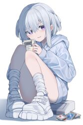  absurdres convenient_leg female game_boy grey_hair grey_hoodie hair_between_eyes handheld_game_console highres holding hood hood_down hoodie knees_up long_sleeves neku_(neku_draw) original parted_lips puffy_long_sleeves puffy_sleeves purple_eyes shadow shoes simple_background sitting sleeves_past_wrists smile socks solo two_side_up white_background white_footwear white_socks 