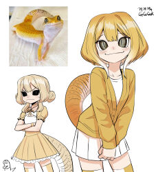  2girls black_sclera breasts colored_sclera colored_skin crossed_arms frown furry furry_female gecko gegegekman highres jacket lizard lizard_tail looking_at_viewer monster_girl multiple_girls original photo_inset pleated_skirt reference_inset reptile reptile_girl skirt slit_pupils small_breasts smile tail thighhighs yellow_jacket yellow_skin 