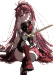  absurdres bare_shoulders crossed_legs female hand_on_own_cheek hand_on_own_face highres magical_girl mahou_shoujo_madoka_magica mahou_shoujo_madoka_magica_(anime) misteor polearm ponytail red_eyes red_hair revision sakura_kyoko sakura_kyoko_(magical_girl) skirt smile solo spear thighhighs weapon white_background zettai_ryouiki 