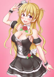  anti_(untea9) arm_strap black_dress blonde_hair blush braid breasts cleavage cowboy_shot dress female frills gradient_background hair_between_eyes hat highres idol_clothes kantai_collection large_breasts long_hair looking_at_viewer mini_hat open_mouth pink_background smile solo spaghetti_strap wavy_hair zara_(kancolle) 