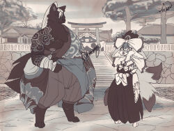  5_fingers anthro arm_tattoo asian_clothing atokitsune bandage belt black_body black_fur canid canine clothing detailed_background east_asian_clothing eye_through_hair female fennec_fox fingers fox fur hair hi_res japanese_clothing kihana_(atokitsune) looking_at_viewer male male/female mammal markings melee_weapon monotone_body monotone_fur multi_tail multicolored_body multicolored_fur nipple_piercing nipples oversized_clothing overweight overweight_male piercing seijiro_(atokitsune) size_difference smile sword tail tattoo translucent translucent_hair true_fox weapon 