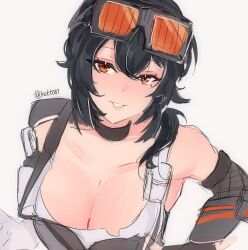  black_hair breasts cleavage eyewear_on_head female grace_howard large_breasts looking_at_viewer off_shoulder orange_eyes serafineart1001 smile solo unfinished upper_body zenless_zone_zero 