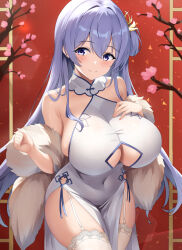  asanagi_shion azur_lane bare_shoulders blush breasts china_dress chinese_clothes closed_mouth clothing_cutout commentary_request covered_navel cowboy_shot dress feather_boa female fur_shawl garter_straps hair_between_eyes hair_ornament highres large_breasts long_hair looking_at_viewer official_alternate_costume pelvic_curtain purple_eyes purple_hair rodney_(azur_lane) rodney_(immaculate_beauty)_(azur_lane) shawl sidelocks skindentation sleeveless sleeveless_dress smile solo standing thighhighs underboob underboob_cutout very_long_hair white_thighhighs 