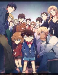  6+boys 6+girls agasa_hiroshi akai_shuuichi akiyoshi_(tama-pete) amuro_tooru andre_camel beanie blonde_hair blue_eyes bob_cut bow bowtie breasts brown_hair character_request check_character cleavage commentary_request crossed_arms edogawa_conan everyone facial_hair glasses green_eyes grey_hair haibara_ai hand_on_own_chin hands_in_pockets hat james_black jodie_starling kudou_yukiko kudou_yuusaku lolicon long_hair looking_at_viewer looking_down looking_to_the_side meitantei_conan mizunashi_rena moustache multiple_boys multiple_girls one_eye_closed partial_commentary red_bow red_bowtie red_lips satou_miwako sera_masumi short_hair shorts sitting vermouth_(meitantei_conan) very_long_hair 