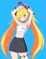  ahoge arms_up black_choker blonde_hair blue_background blue_eyes breasts choker clear_(djmax) closed_mouth collarbone crop_top djmax djmax_respect female hair_between_eyes hair_ornament hand_on_own_wrist highres long_hair looking_at_viewer one_eye_closed outline simple_background skirt smile solo standing ttmas twintails very_long_hair white_outline 