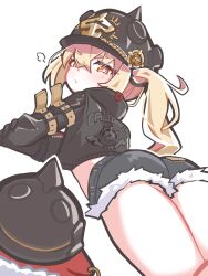  absurdres ass black_jacket blonde_hair blush female from_behind fur-trimmed_shorts fur_trim helmet highres jacket looking_at_viewer luciana_de_montefio lying midriff on_stomach orange_eyes pickelhaube pig pout puff_of_air shoeguy shorts side_ponytail thighs zenless_zone_zero 