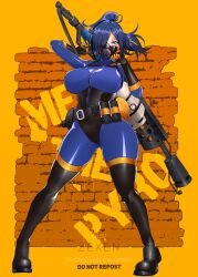  absurdres artist_name black_footwear black_gloves blu_pyro_(tf2) blue_bodysuit blue_eyes blue_hair bodysuit boots breasts commission explosive female flamethrower full_body gas_mask genderswap_(otf) gloves grenade hair_over_one_eye highres holding holding_weapon impossible_bodysuit impossible_clothes large_breasts latex latex_bodysuit long_hair looking_at_viewer mask pyro_(tf2) rule_63 solo standing team_fortress_2 thigh_boots weapon yellow_background zexen 