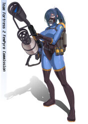  black_footwear black_gloves blu_pyro_(tf2) blue_bodysuit blue_eyes blue_hair bodysuit boots breasts commission english_text explosive female flamethrower full_body gas_mask genderswap_(otf) genderswap_(otm) gloves grenade highres holding holding_weapon impossible_bodysuit impossible_clothes large_breasts latex latex_bodysuit long_hair looking_at_viewer mask mzrz ponytail pyro_(tf2) rule_63 shadow solo standing team_fortress_2 thigh_boots weapon white_background zipper 