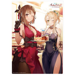  2girls arm_up atelier_(series) atelier_ryza atelier_ryza_2 blonde_hair bow breasts brown_bow brown_eyes brown_hair cleavage closed_mouth commentary_request copyright_name dessert dress dress_bow drink flower food gloves green_eyes hair_flower hair_ornament hair_up highres holding holding_drink jewelry lyza_(made_in_abyss) multiple_girls necklace noco_(adamas) one_eye_closed purple_dress red_dress reisalin_stout tray 