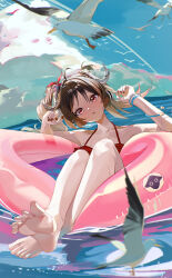  absurdres ahoge animal_ears arknights auguste barefoot bikini bird blue_sky blush breasts brown_hair eyjafjalla_(arknights) female flower highres horns long_hair looking_at_viewer ocean open_mouth ponytail red_eyes red_nails sheep_ears sheep_girl sheep_horns sky soles solo summer swimsuit toes wet 