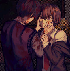  2boys black_jacket black_sweater_vest blood blood_in_hair blood_on_clothes blood_on_face blood_on_hands blood_on_neck brown_eyes brown_hair collared_shirt colored_eyelashes commentary crying crying_with_eyes_open dated_commentary dual_persona highres jabuchi_you jacket male_focus multiple_boys necktie off_shoulder open_clothes open_jacket red_necktie saibou_shinkyoku shirt sweater_vest tears user_jsnv8477 