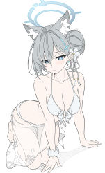  all_fours alternate_costume alternate_hairstyle animal_ear_fluff animal_ears bikini blue_archive blue_eyes blush braid braided_bun breasts bright_pupils cleavage closed_mouth collarbone commentary cross cross_hair_ornament earrings extra_ears female front-tie_bikini_top front-tie_top grey_halo hair_between_eyes hair_bun hair_intakes hair_ornament halo highres inverted_cross jewelry large_breasts looking_at_viewer mismatched_pupils sarong scrunchie see-through see-through_sarong shiroko_(blue_archive) shiroko_terror_(blue_archive) simple_background single_hair_bun solo stud_earrings swimsuit symbol-only_commentary t1kosewad white_background white_bikini white_pupils white_scrunchie wolf_ears wolf_girl wrist_scrunchie 