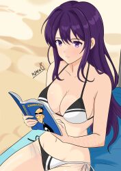  beach bikini blue_book breasts collarbone cowboy_shot female highres large_breasts long_hair matthew_pear purple_eyes purple_hair reading sand scar signature string_bikini striped_bikini striped_clothes swimsuit white_bikini yuri_(doki_doki_literature_club) 