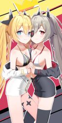  2girls :3 absurdres ahoge bikini bikini_top_only blonde_hair blue_eyes blush breast_press breasts clear_(djmax) cleavage collarbone commentary djmax djmax_respect eyelashes eyepatch fail_(djmax) grey_hair hair_between_eyes hair_ornament highres holding_hands jacket long_hair looking_at_viewer multiple_girls outline red_eyes revealing_clothes sandia skirt small_breasts smile standing swimsuit symmetrical_docking thighhighs twintails very_long_hair white_outline 