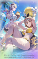  2girls atelier_(series) atelier_resleriana atelier_ryza ball beachball bikini blue_eyes blue_sky brown_eyes brown_hair coconut commentary_request copyright_notice eyelashes from_below gesoking grey_hair hair_between_eyes hat highres long_hair multiple_girls reisalin_stout short_hair sky smile sun_hat swimsuit wet 