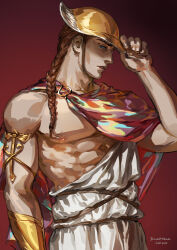  1boy 2020 abs artist_name bara bare_pectorals blue_eyes braid brown_hair cape character_request chinese_commentary commentary_request copyright_request cowboy_shot expressionless fingernails hair_over_shoulder hand_on_headwear hat highres jane_mere long_hair looking_at_viewer male_focus multiple_braids muscular muscular_male nipples parted_lips pectorals red_background red_cape red_lips single_bare_shoulder single_bracer solo teeth thick_eyebrows toga yellow_hat 