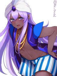  1boy arabian_clothes bent_over blush boxers chains cookie_run dark-skinned_male dark_skin eyelashes gold_chain hair_between_eyes hand_on_own_hip highres humanization jewelry long_hair looking_at_viewer male_focus male_underwear mx_pyuta1 navel necklace open_mouth otoko_no_ko purple_eyes purple_hair solo standing striped_clothes tearing_up turban twitter_username underwear very_long_hair white_background yogurt_cream_cookie 