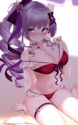  absurdres alternate_hairstyle bikini blush bow breasts chest_tattoo choker drill_hair female frilled_bikini frills hair_ribbon hairbow higashikata_kou highres hyakumantenbara_salome large_breasts light_purple_hair long_hair looking_back multi-strapped_bikini navel nijisanji nose_blush off_shoulder ponytail purple_bow purple_choker purple_eyes purple_ribbon red_bikini ribbon scorpion_tattoo sitting skindentation solo sparkling_eyes stomach strap_lift string_bikini swimsuit tattoo thigh_strap virtual_youtuber wariza 