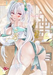  ^^^ alabama_(azur_lane) alabama_(untarnished_silver_silken_gold)_(azur_lane) animal_ears ass azur_lane bird breasts china_dress chinese_clothes commentary_request dark-skinned_female dark_skin dress fake_animal_ears female highres large_breasts long_hair looking_back manjuu_(azur_lane) marker_(medium) official_alternate_costume purplepencil rabbit_ears red_eyes surprised thighhighs thighs traditional_media twintails very_long_hair white_hair white_thighhighs 