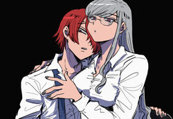  1boy black_background breasts closed_mouth collared_shirt commentary_request female glasses grey_hair grey_nails hair_over_one_eye hand_on_another&#039;s_ass hand_on_another&#039;s_chest highres kinu_(konoyoha_mtgi) long_hair long_sleeves looking_at_viewer martina_electro master_detective_archives:_rain_code medium_breasts nail_polish necktie red_eyes red_hair shirt short_hair simple_background straight undone_necktie upper_body white_shirt yomi_hellsmile 