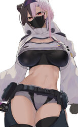  arknights aurora_(arknights) aurora_(arknights)_(cosplay) black_hair bra breasts cleavage cleavage_cutout clothing_cutout cosplay cropped_jacket ear_piercing earrings eyes_visible_through_hair female hairband highres huge_breasts id_card indie_virtual_youtuber jewelry large_breasts long_hair looking_at_viewer mask mouth_mask multicolored_hair navel pants piercing pink_hair red_eyes satou_daiji see-through shorts simple_background solo thigh_gap towa_(towa_akqj10) underwear virtual_youtuber white_background zipper 