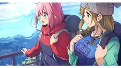  2girls backpack bag blue_eyes blue_shirt blue_sky brown_hair closed_mouth clothes_writing cloud cloudy_sky commentary day english_text green_eyes green_jacket hair_tie inuyama_aoi jacket kagamihara_nadeshiko long_hair looking_at_another mirai_denki mountain multiple_girls oerba_yun_fang open_clothes open_jacket open_mouth outdoors pink_hair print_shirt railing red_jacket shirt skin_fang sky smile standing yurucamp 