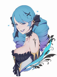  absurdres bare_shoulders black_bow black_choker blue_hair bow breasts choker collarbone detached_sleeves drill_hair female frills from_side gwen_(league_of_legends) hair_ornament hairbow half-closed_eye heart highres large_breasts league_of_legends liya_nikorov long_hair oerba_yun_fang shoulder_tattoo simple_background solo tattoo teeth twin_drills twintails white_background x_hair_ornament 