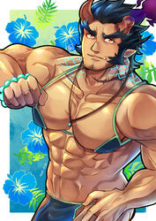  1boy abs absurdres bara beard bikini blue_bra blue_hair bra bra_pull broken_horn bulge clothes_pull covered_nipples cowboy_shot crossdressing dark_blue_hair demon_boy demon_horns facial_hair fiery_horns highres horns jewelry kageru_(mofnyan) large_pectorals long_sideburns looking_at_viewer male_focus mature_male micro_bikini muscular muscular_male navel necklace oerba_yun_fang pectoral_cleavage pectorals pelvic_curtain pulling_own_clothes scar scar_on_neck short_hair sideburns smile solo stomach stubble swimsuit takemaru_(housamo) thick_eyebrows tokyo_afterschool_summoners underwear undressing 