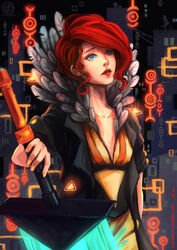  black_coat blue_eyes coat collarbone dress english_commentary feather_collar female glowing glowing_sword glowing_weapon highres huge_weapon lipstick makeup meriimerodii nail_polish red_(transistor) red_hair short_hair solo the_transistor transistor_(game) weapon yellow_dress yellow_nails 