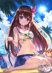  absurdres ankimo_(tokino_sora) bag barefoot bikini blue_eyes blue_skirt blue_sky blush breasts brown_hair bucket cleavage closed_mouth cloud cloudy_sky commentary_request day female hair_between_eyes hair_flaps hair_ornament hair_ribbon hairclip highres hololive innertube long_hair looking_at_viewer masaki_(msk064) medium_breasts navel official_alternate_costume outdoors palm_tree pink_ribbon pleated_skirt ribbon sailor_bikini sailor_collar sandals sideboob sitting skirt sky smile solo star_(symbol) star_hair_ornament stomach stuffed_animal stuffed_toy swim_ring swimsuit teddy_bear tokino_sora tokino_sora_(hololive_summer_2019) tree trowel underboob unworn_sandals very_long_hair virtual_youtuber wariza white_bikini white_footwear white_sailor_collar 