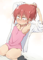  black_socks blush bottomless brown_eyes female flat_chest glasses hair_tie hair_tie_in_mouth hand_in_own_hair highres kobayashi-san_chi_no_maidragon kobayashi_(maidragon) long_sleeves motokazu_(dontokodon) mouth_hold necktie official_style parody pink_hair pink_shirt ponytail semi-rimless_eyewear shirt simple_background sitting socks solo style_parody white_background white_shirt yellow_necktie 