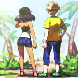  1boy bare_shoulders baseball_cap blonde_hair blue_pants blue_shorts commentary_request day denim denim_shorts dexio_(pokemon) female from_behind full_body green_footwear hat hk_(nt) jeans medium_hair outdoors pants pokemon pokemon_sm purple_hair sandals shirt short_shorts shorts sina_(pokemon) standing tree yellow_shirt 