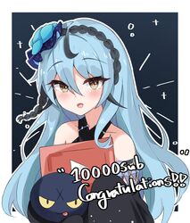  black_dress black_hairband blue_flower blue_hair blush collarbone detached_sleeves dress female flower gothic_lolita hair_between_eyes hair_flower hair_ornament hairband highres lolita_fashion long_hair milestone_celebration nijisanji nijisanji_kr play_button ryu_hari ryuryuyangyang smile solo tongue tongue_out upper_body virtual_youtuber yellow_eyes 