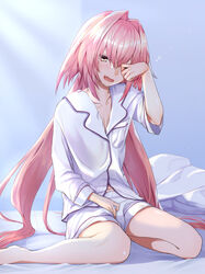  1boy astolfo_(fate) bad_id bad_pixiv_id bed_sheet blush collarbone fate/apocrypha fate_(series) hair_intakes long_hair long_sleeves looking_at_viewer male_focus nakajima_kotoko navel oerba_yun_fang one_eye_closed open_mouth otoko_no_ko pajamas pink_hair purple_eyes rubbing_eyes shirt shorts sitting solo waking_up wariza white_shirt white_shorts 