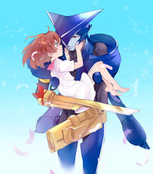  1boy arm_blade asagi_marin barefoot blue_background blue_skin brigadoon brown_hair carrying colored_skin crying crying_with_eyes_open dress feathers female gradient_background green_eyes helmet melan_blue okchoko princess_carry red_eyes red_ribbon ribbon short_hair simple_background standing tears weapon white_dress 