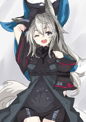  animal_ears arknights ascot black_ascot black_gloves black_hat black_shirt black_shorts commentary cosplay cowboy_shot female gloves grani_(arknights) grey_background grey_hair hand_on_headwear hat horse_ears horse_girl horse_tail long_hair looking_at_viewer one_eye_closed open_mouth purple_eyes shirt shorts skadi_(arknights) skadi_(arknights)_(cosplay) skadi_(elite_ii)_(arknights) solo tail yu-ves 