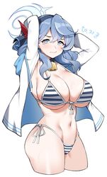  ako_(blue_archive) arms_behind_head arms_up bad_id bad_twitter_id bell bikini blue_archive blue_eyes blue_hair blush breasts closed_mouth commentary_request cowboy_shot cropped_legs female front-tie_top groin hair_between_eyes hair_ribbon hairband halo highleg highleg_bikini highres jacket korean_commentary large_breasts long_hair long_sleeves looking_at_viewer navel neck_bell open_clothes open_jacket partial_commentary red_ribbon ribbon saru_(monkey_magic3) side-tie_bikini_bottom simple_background solo striped_bikini striped_clothes swimsuit tears underboob white_background 