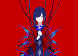  blue_hair braid cable colored_inner_hair commentary_request expressionless female flower highres holding holding_flower hood hooded_jacket jacket kamitsubaki_studio lily_(flower) looking_at_viewer multicolored_hair official_art palow red_background red_hair rim_(kamitsubaki_studio) short_hair side_braid simple_background smile solo two-tone_hair upper_body virtual_youtuber yellow_pupils 