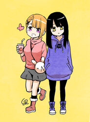  2girls black_hair bug butterfly chibi drinking_straw full_body hands_in_pockets highres hood hoodie izumi_(toubun_kata) long_hair looking_at_viewer mieruko-chan multiple_girls official_art orange_hair purple_eyes short_hair simple_background standing yellow_background yellow_eyes yotsuya_miko yurikawa_hana 