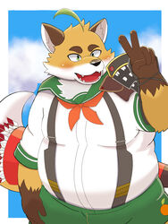  2022 3:4 anthro belly black_nose blush canid canine clothing fox fur green_eyes hi_res humanoid_hands inugamihito iyo_(tamacolle) kemono male mammal overweight overweight_male shirt solo suspenders tamacolle topwear 