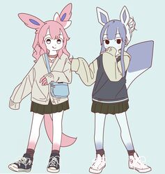  anthro anthrofied blue_background blue_body blue_eyes blue_fur blue_hair bottomwear clothed clothing covering covering_mouth duo eeveelution female footwear fur generation_4_pokemon generation_6_pokemon glaceon hair hair_bun hi_res hime_cut kemono lacing leg_markings long_hair long_sleeves mammal markings mikeyama nintendo oversized_sleeves pink_hair pokemon pokemon_(species) pokemorph purse shoelaces shoes simple_background skirt smile sneakers socks socks_(marking) string_bow sweater sylveon tied_string tongue tongue_out topwear vest white_body white_fur 