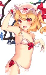  absurdres arm_up artist_name bad_id bad_twitter_id bare_arms bare_shoulders bikini blonde_hair blush bow bow_bikini breasts commentary_request cowboy_shot female flandre_scarlet hat hat_ribbon highres long_hair looking_at_viewer maremay0513 mob_cap navel oerba_yun_fang off_shoulder one_side_up open_mouth red_eyes red_ribbon ribbon simple_background small_breasts smile solo stomach swimsuit touhou white_background white_bikini wings wrist_cuffs 