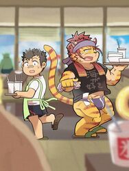  3:4 anthro bandaid_protagonist_(tas) brown_hair clothing duo felid footwear fur hair human lifewonders male mammal nomad_(tas) pantherine protagonist_(tas) rorondo4 sandals serving_tray shirt speedo striped_body striped_fur stripes swimwear t-shirt tiger tokyo_afterschool_summoners topwear 