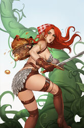  armlet armor artist_name bikini_armor bird boots breasts brown_footwear brown_gloves brown_shorts chicken commentary english_commentary female flying_sweatdrops gloves golden_egg green_eyes highres holding holding_sword holding_weapon jack_and_the_beanstalk leirix long_hair looking_at_viewer medium_breasts plant red_hair red_sonja red_sonja_(comics) revealing_clothes short_shorts shorts sideboob signature simple_background sword weapon white_background 