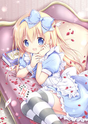  :d ace_(playing_card) ace_of_hearts alice_(alice_in_wonderland) alice_in_wonderland apron blonde_hair blue_bow blue_dress blue_eyes blush book bow card club_(shape) commentary_request couch diamond_(shape) dress feet_out_of_frame female four_of_hearts frilled_apron frilled_dress frills hairbow hands_up heart long_hair looking_at_viewer lying nanase_miori on_couch on_side one_side_up open_mouth petals pillow playing_card puffy_short_sleeves puffy_sleeves short_sleeves six_of_clubs smile solo spade_(shape) striped_clothes striped_thighhighs ten_of_diamonds thighhighs three_of_spades very_long_hair waist_apron white_apron wrist_cuffs 